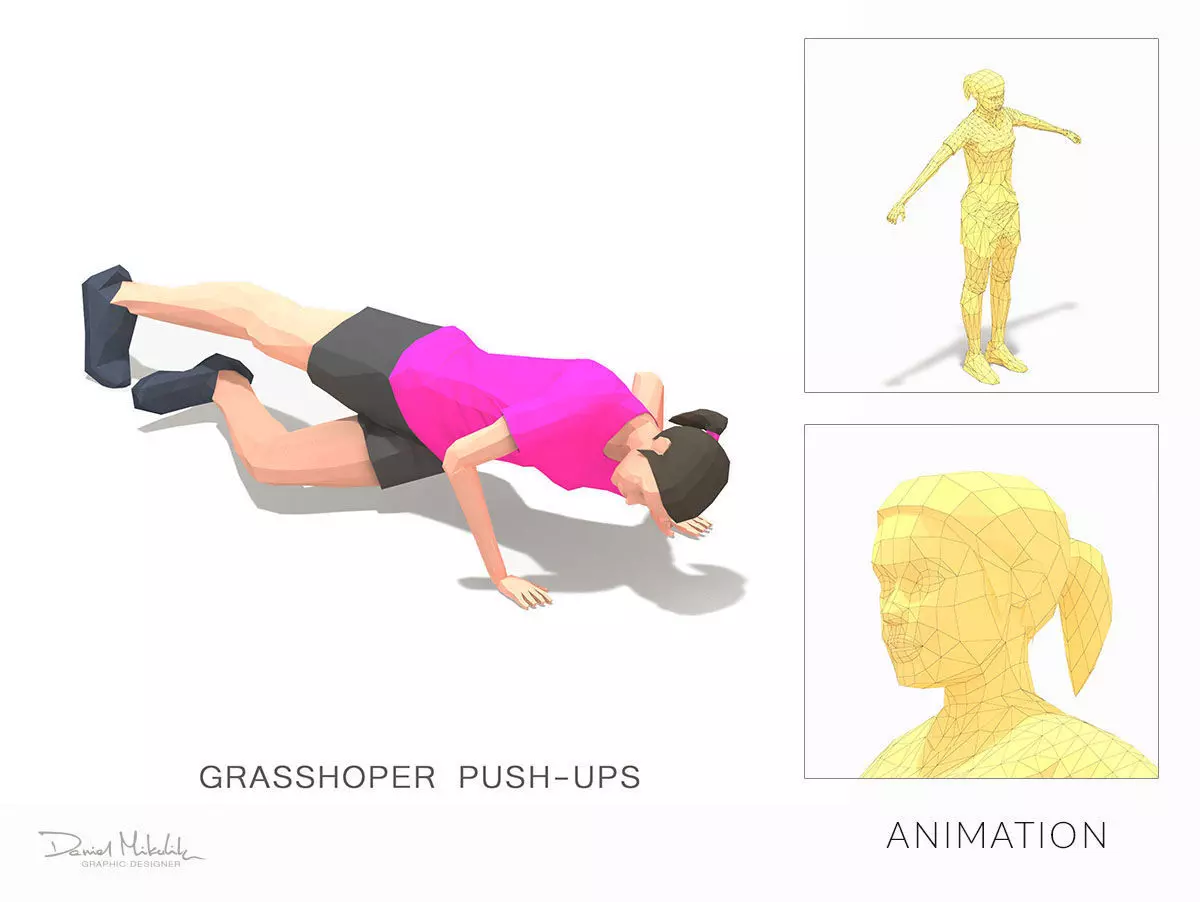 Grasshoper PushUps  Exercise Woman Animation Low-poly 3D model_0