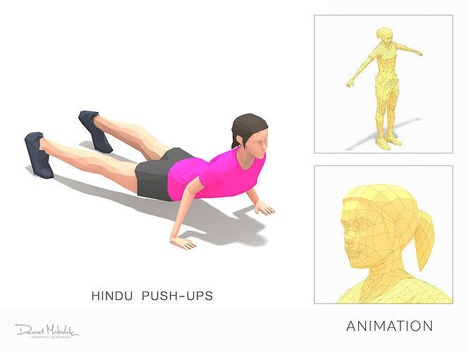 hindu push-ups Exercise Woman Animation Low-poly 3D model