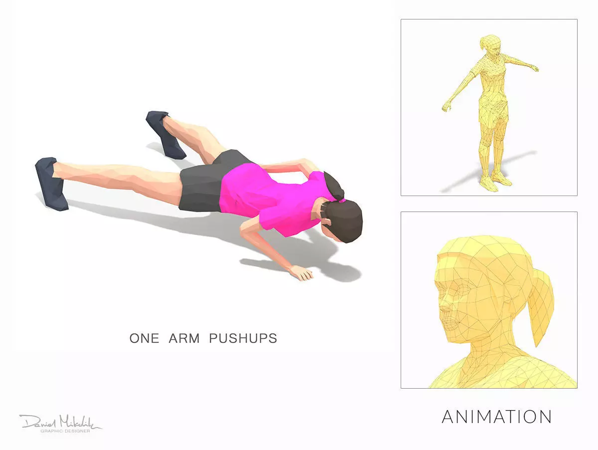 one arm pushups Exercise Woman Animation Low-poly 3D model