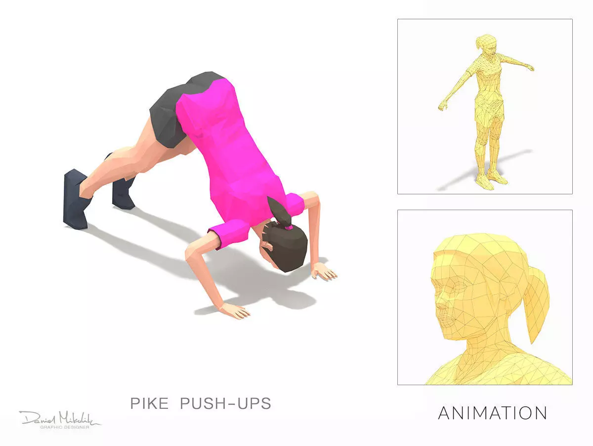 Pike Push Ups Exercise Woman Animation Low-poly 3D model_0