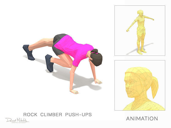 rock climber-pushups Exercise Woman Animation Low-poly 3D model