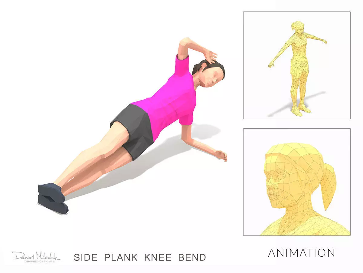 Side Plank Knee Bend Exercise Woman Animation Low-poly 3D model