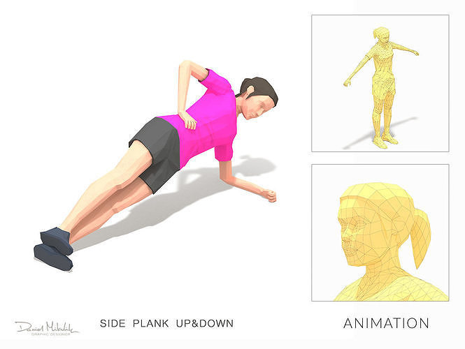 Side Plank Up Down Exercise Woman Animation Low-poly 3D model