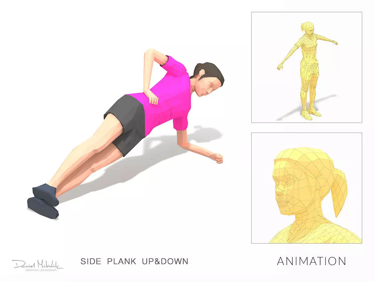 Side Plank Up Down Exercise Woman Animation Low-poly 3D model