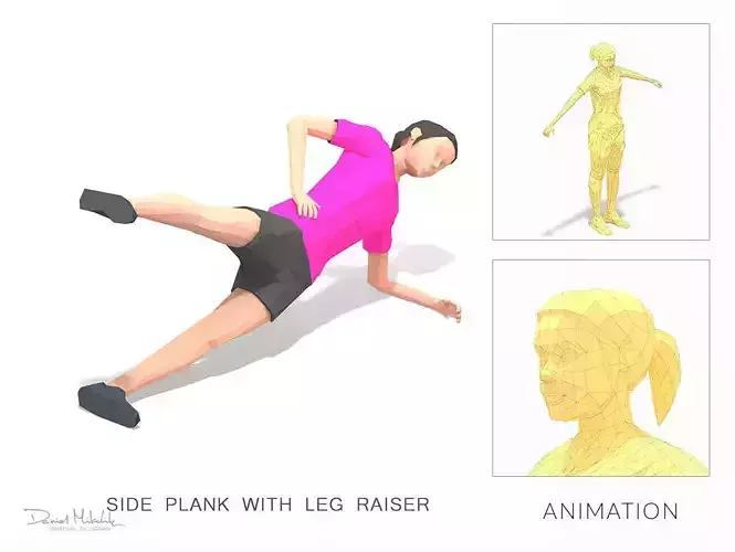 Side Plank With Leg Raise Exercise Woman Animation Low-poly 3D model