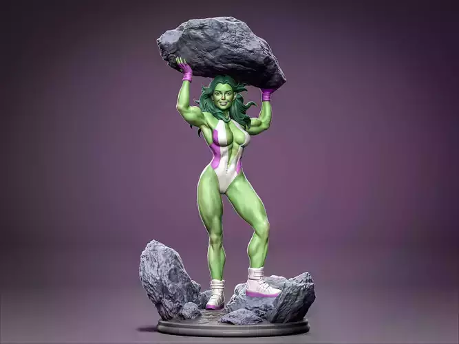 She-Hulk female statue holding rock 3D print model