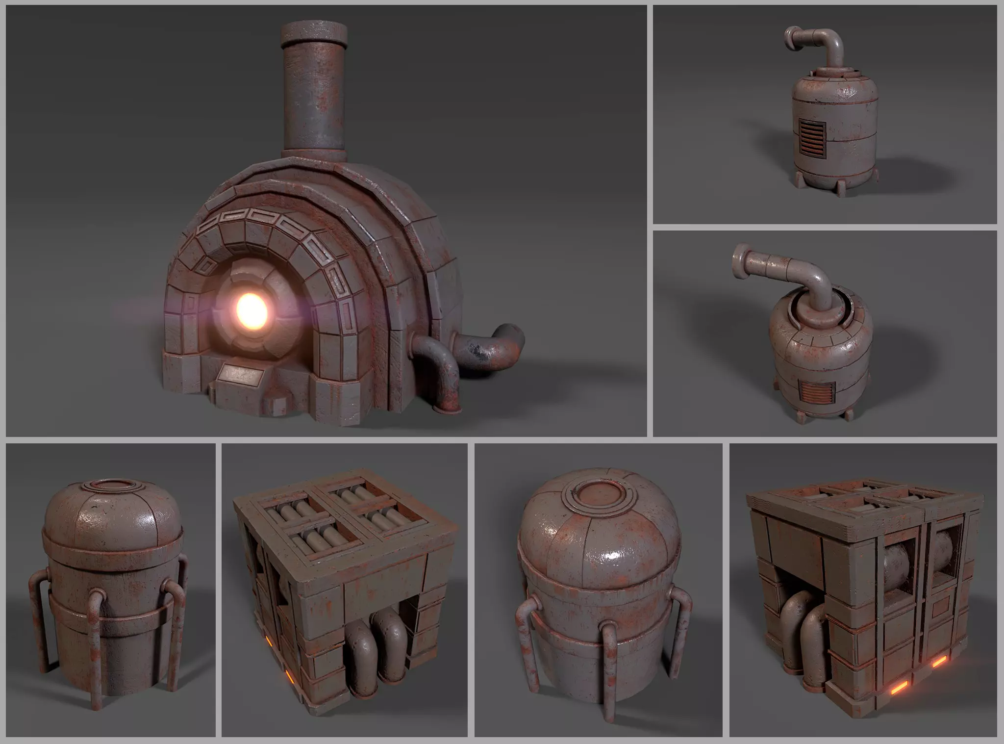 Sci-fi reactor - cooling module and other machinery - 4 pieces Low-poly 3D model