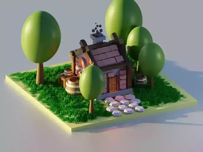low poly house with trees and grass