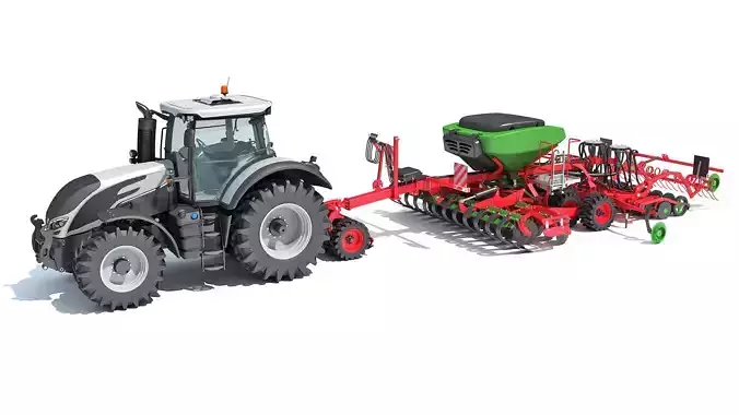 Tractor with Trailed Seed Drill 3D model