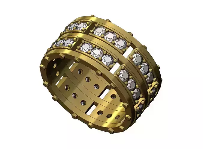 Double diamond row mechanical bolt head motif ring