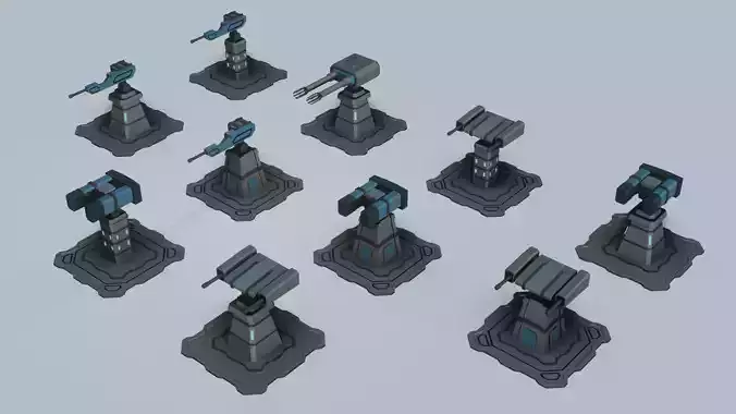 Modular Sci-Fi Turret Collection - Low Poly - Game Ready -PBR Low-poly 3D model