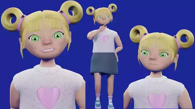 3D CARTOON GIRL CHARACTER RIGGED LOWPOLY Low-poly 3D model