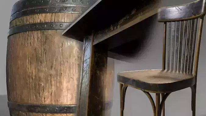 Chair table  barrel  dragon aged set PBR Gameready Low-poly 3D model