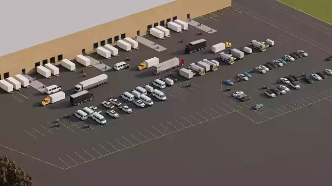 WAREHOUSE MODEL with trucks parked in parking lot 3D model