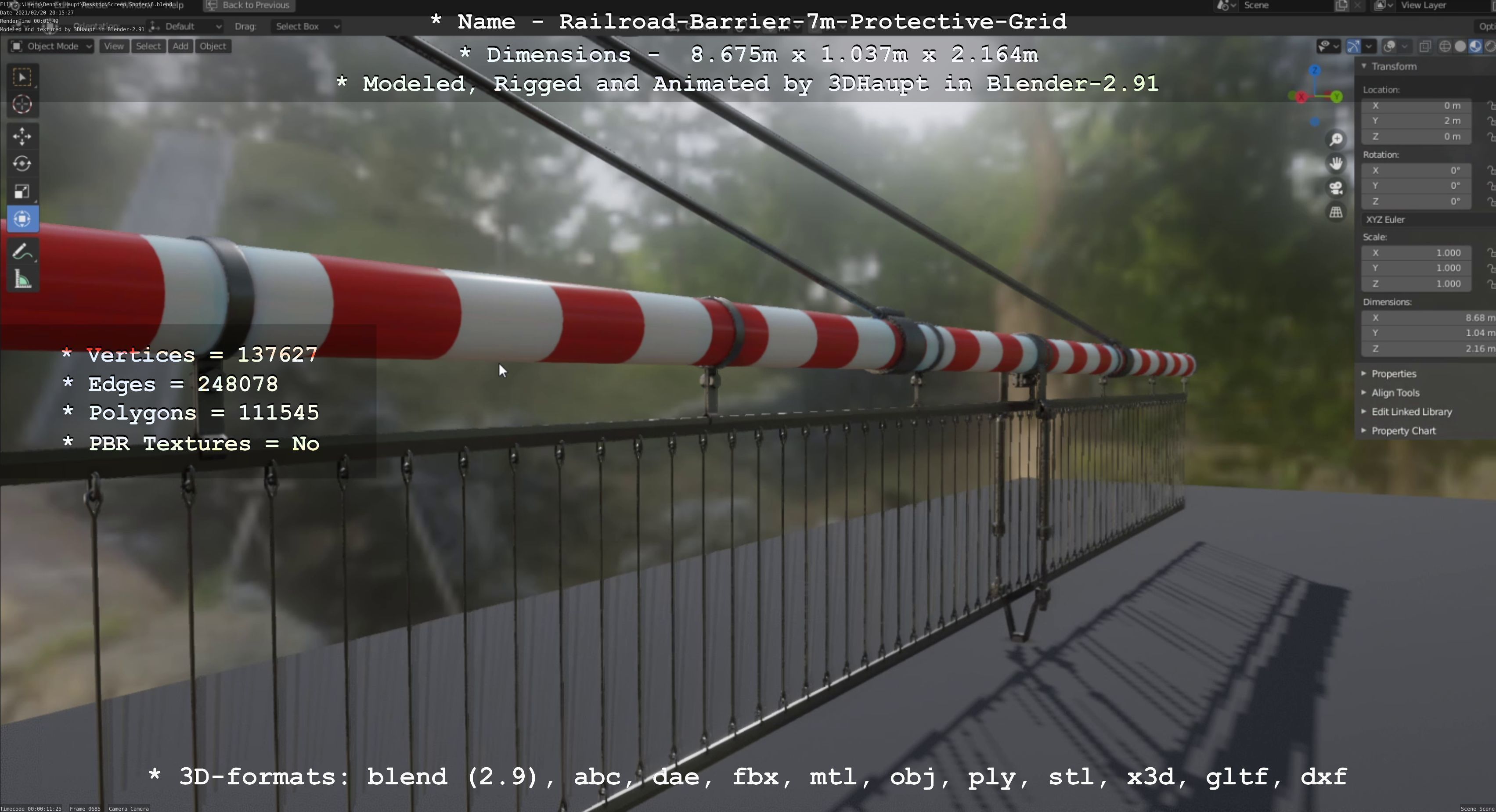 Railroad Barrier 7m with Protective Grid Low and High-Poly 3D Model Collection_11