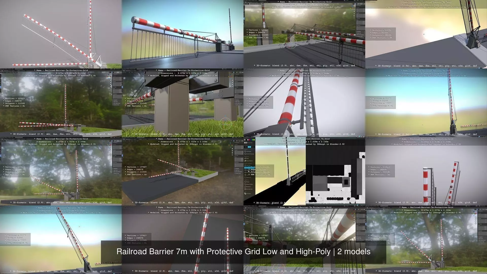 Railroad Barrier 7m with Protective Grid Low and High-Poly 3D Model Collection_0