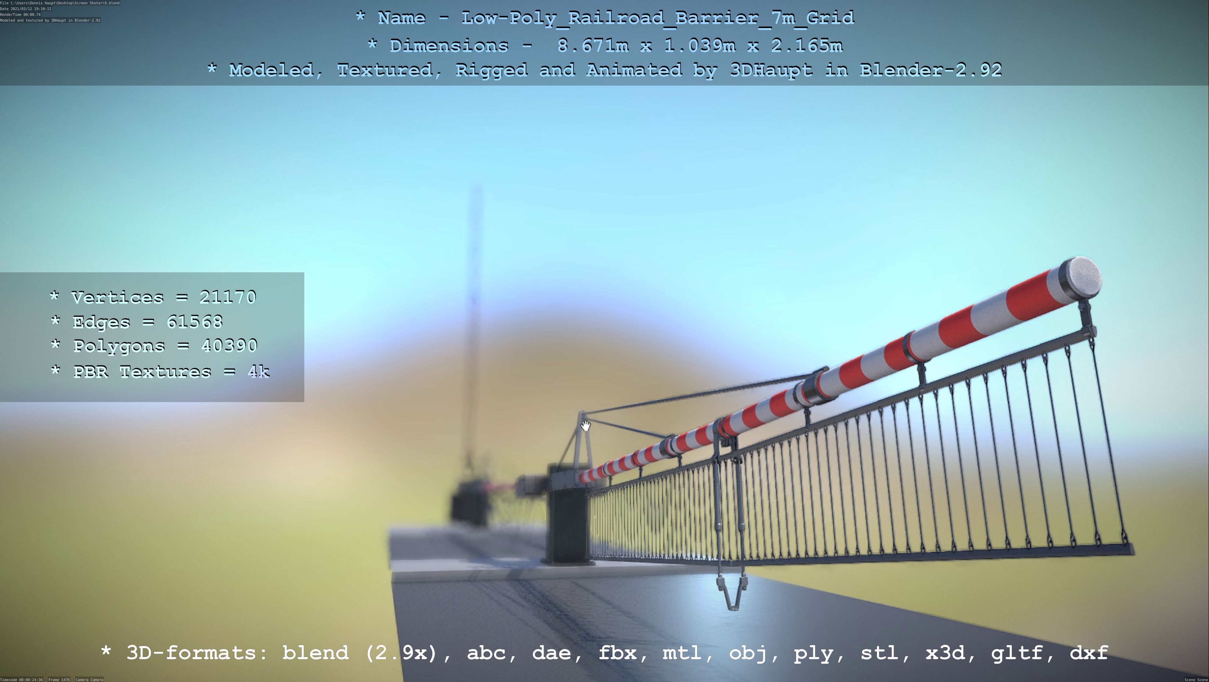 Railroad Barrier 7m with Protective Grid Low and High-Poly 3D Model Collection_60