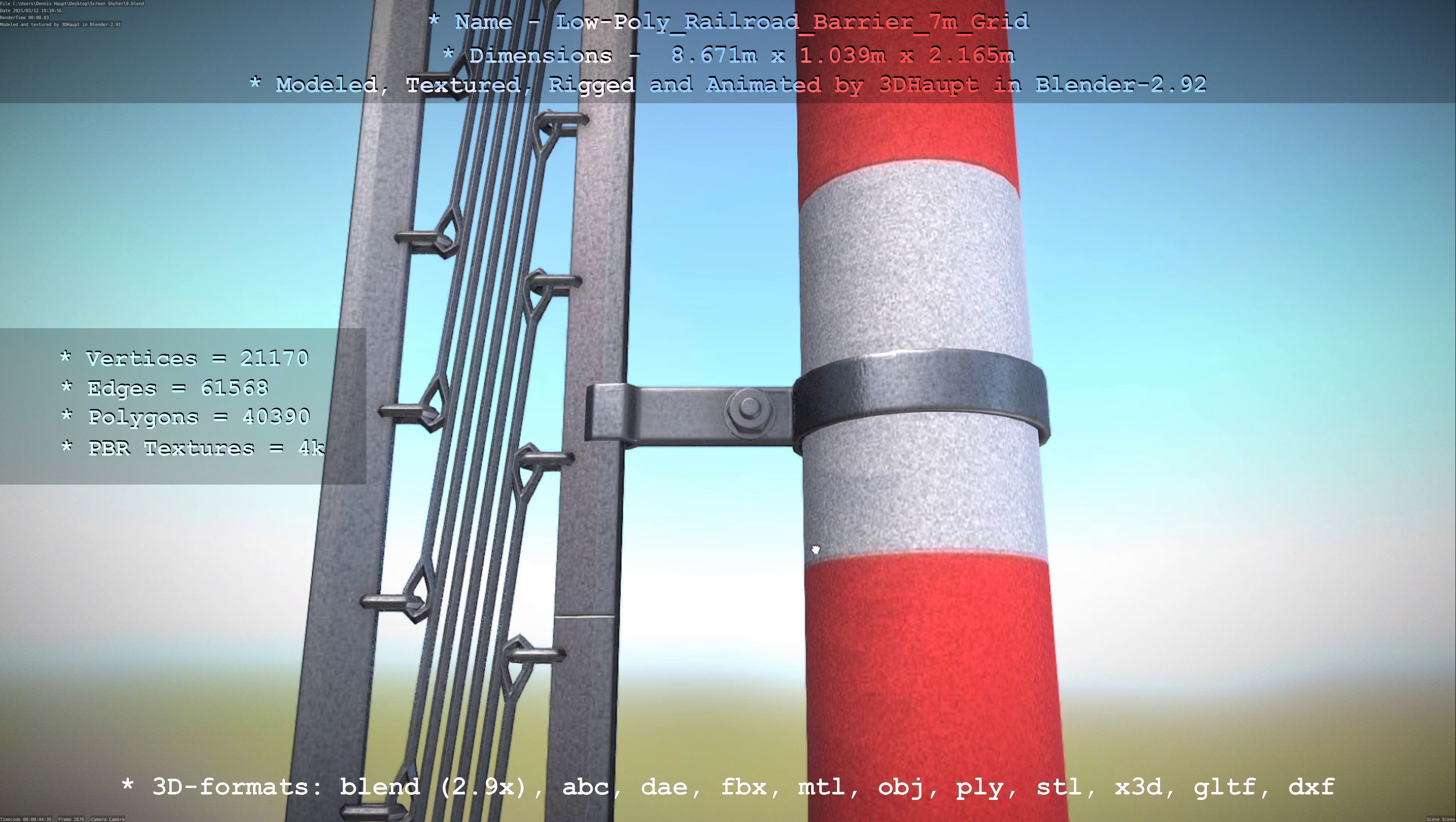 Railroad Barrier 7m with Protective Grid Low and High-Poly 3D Model Collection_49