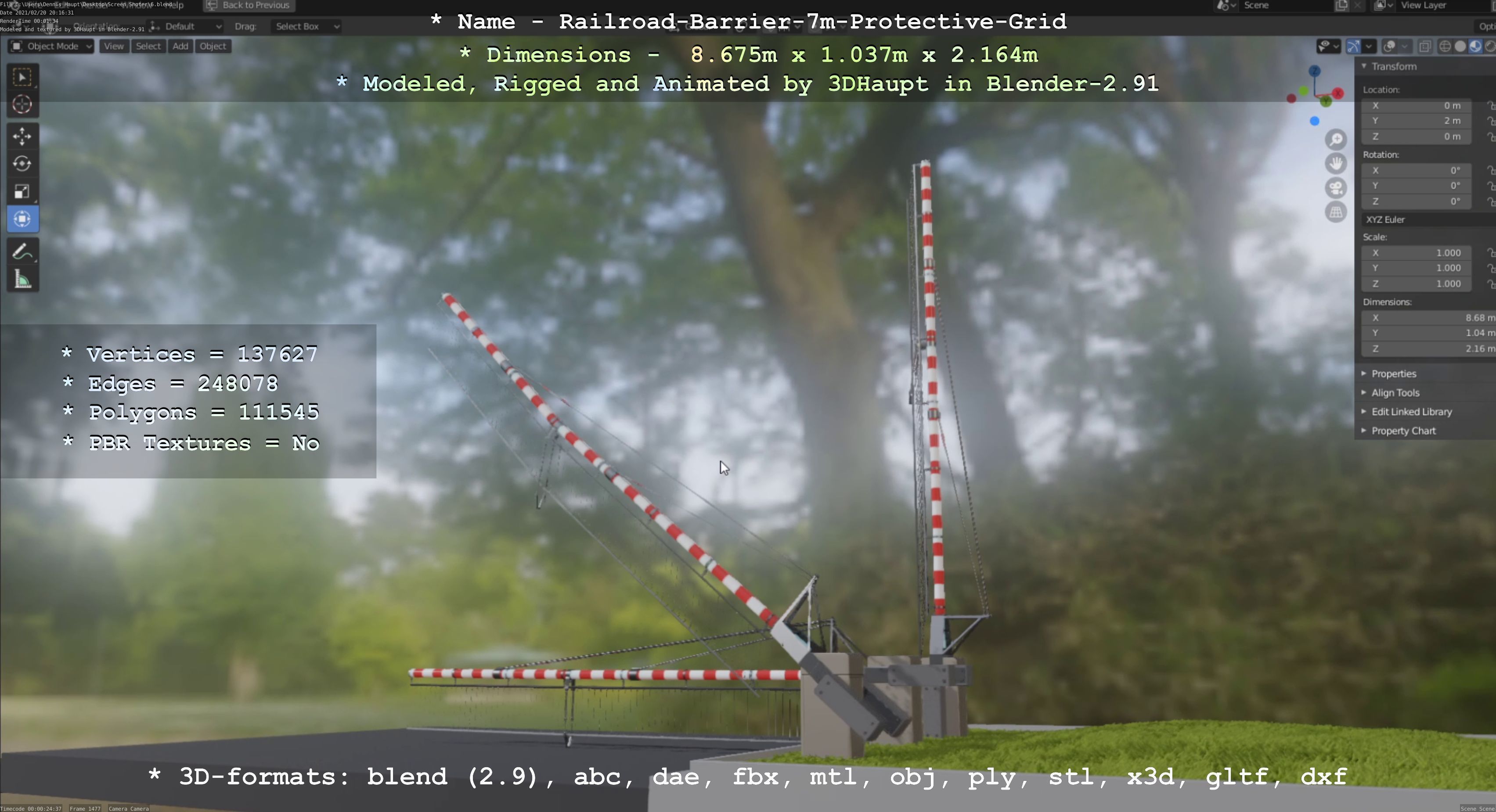 Railroad Barrier 7m with Protective Grid Low and High-Poly 3D Model Collection_10