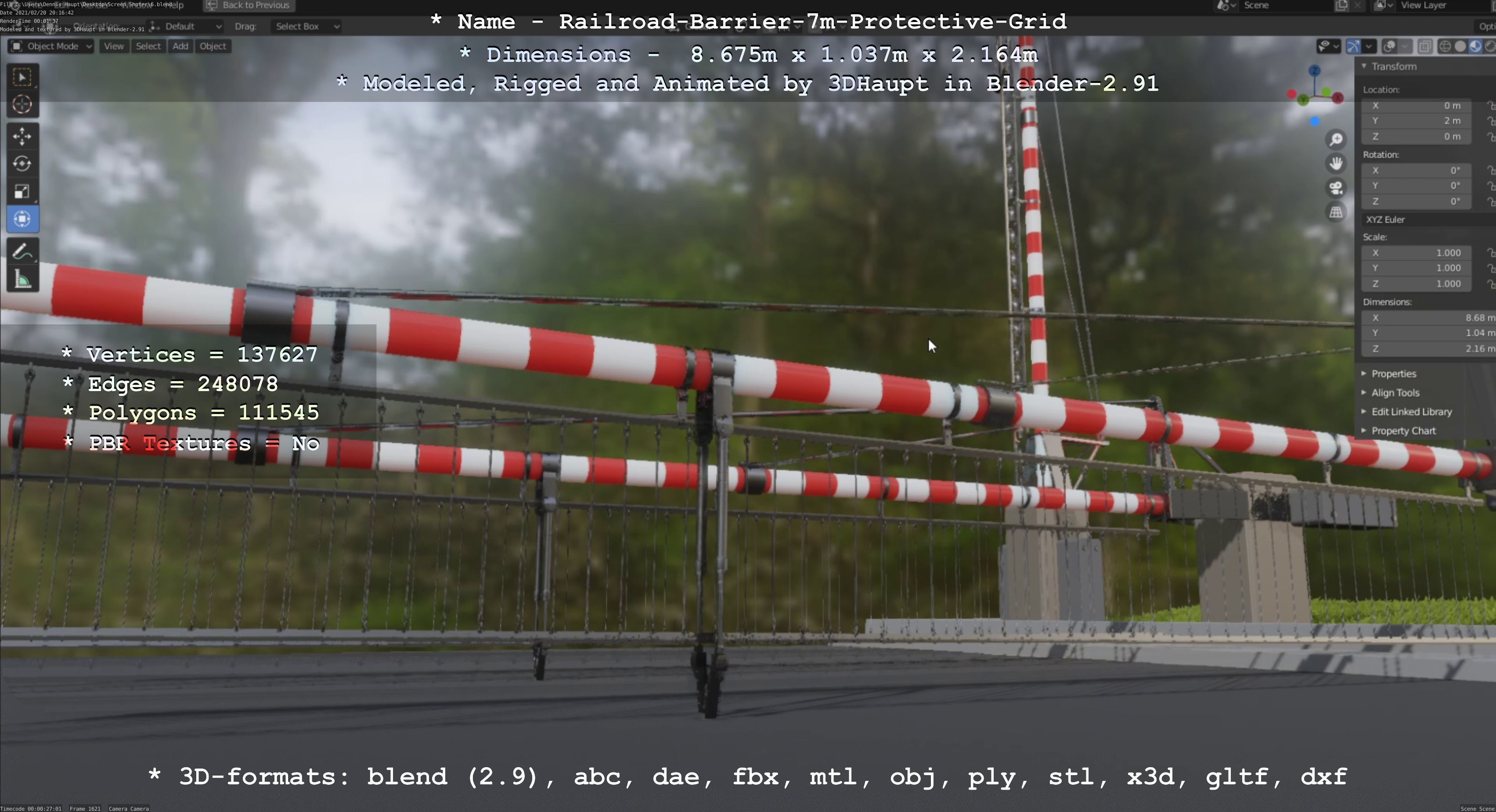 Railroad Barrier 7m with Protective Grid Low and High-Poly 3D Model Collection_16