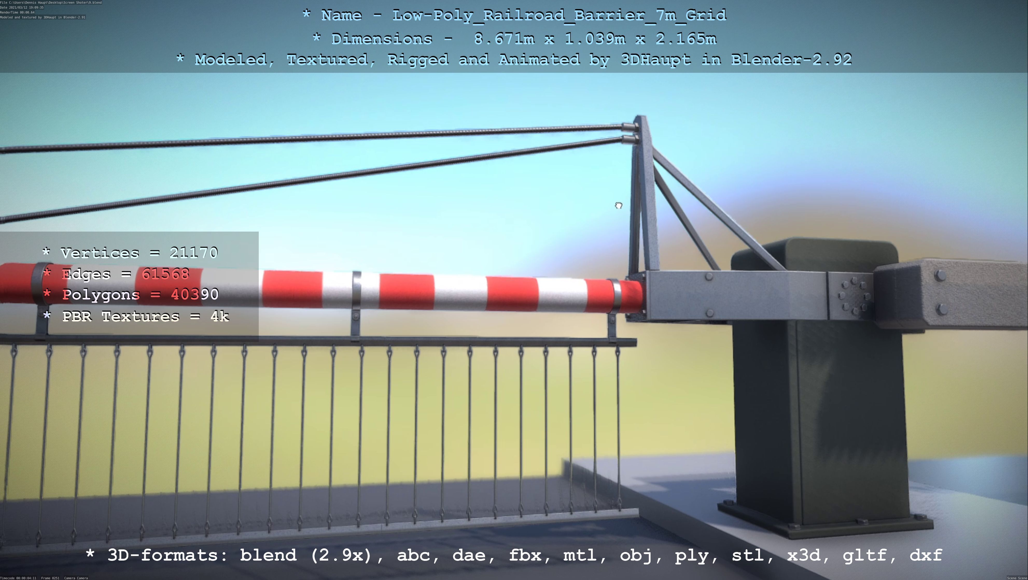 Railroad Barrier 7m with Protective Grid Low and High-Poly 3D Model Collection_44