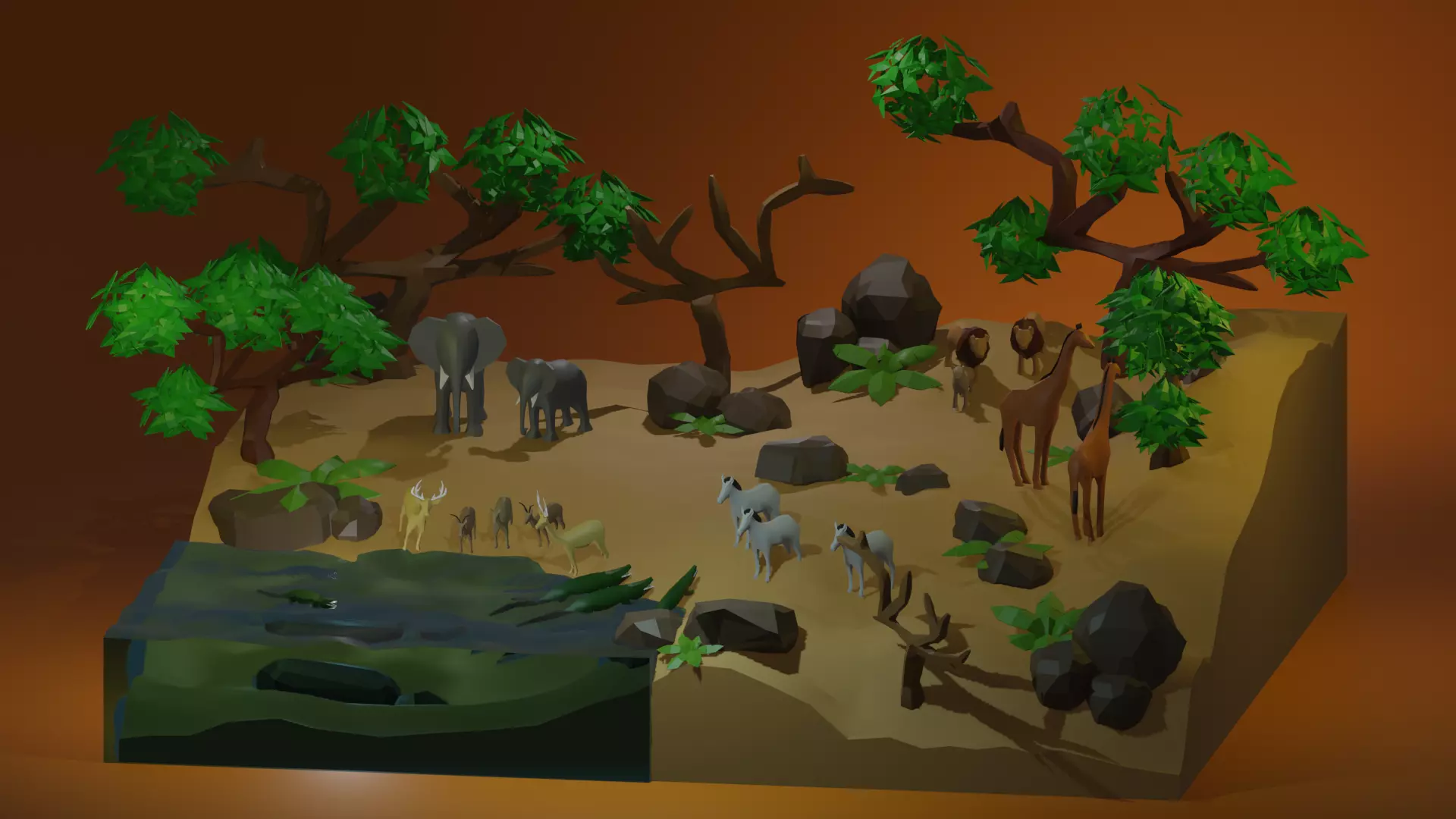 Savanna Set jungle with trees and animals 3D model