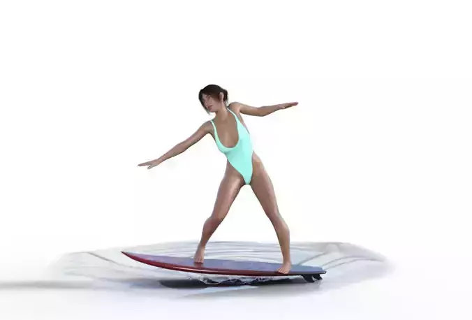 Girlsurfing woman in swimsuit on surfboard 3D model