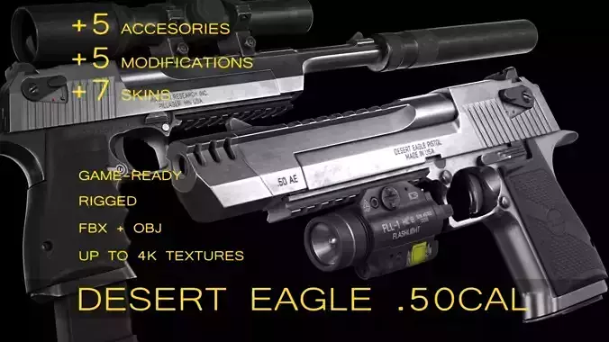 Desert Eagle with Modifications and Skins Low-poly 3D model