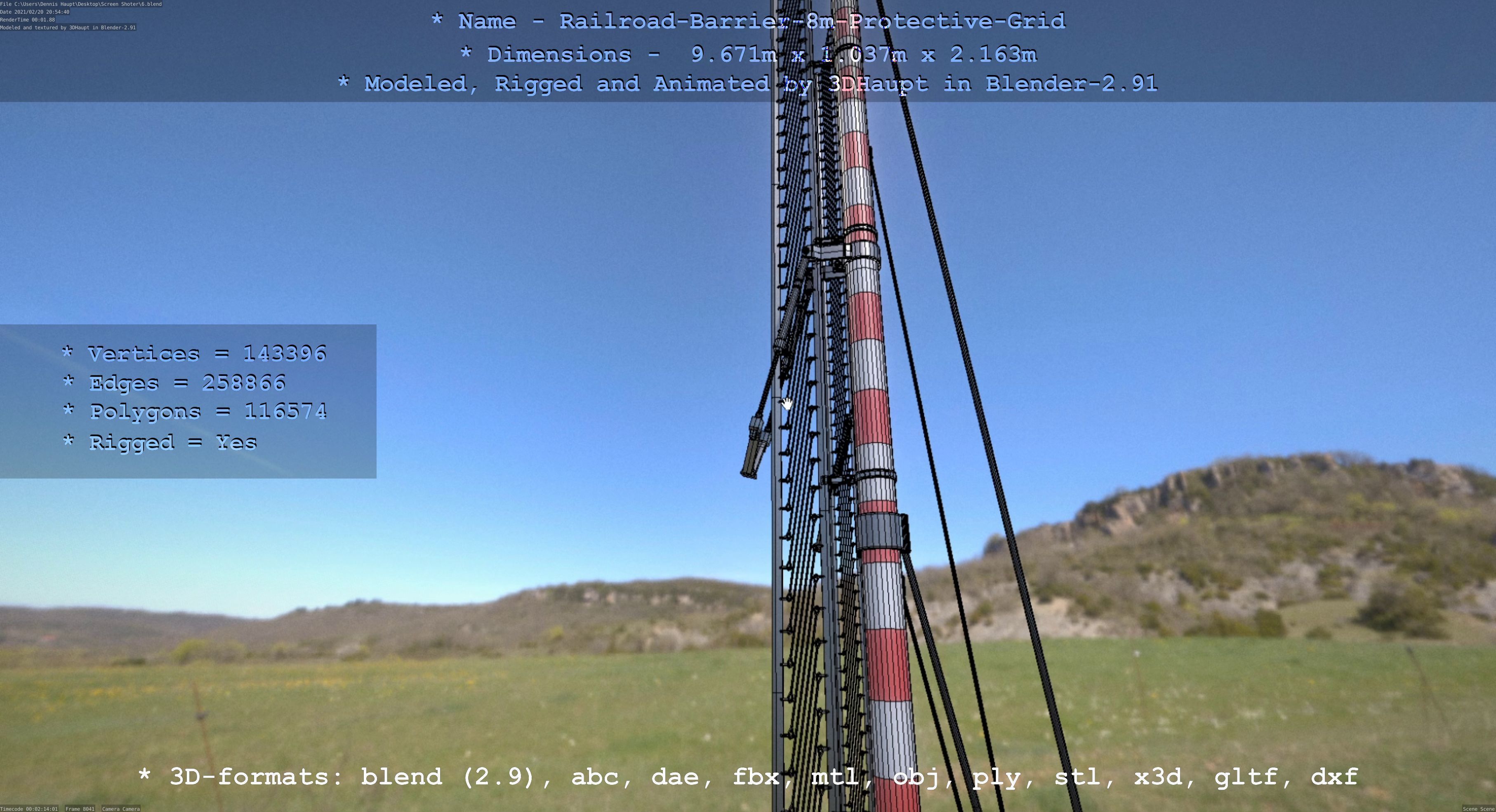 Railroad Barrier 8m with Protective Grid High and Low-Poly 3D Model Collection_29