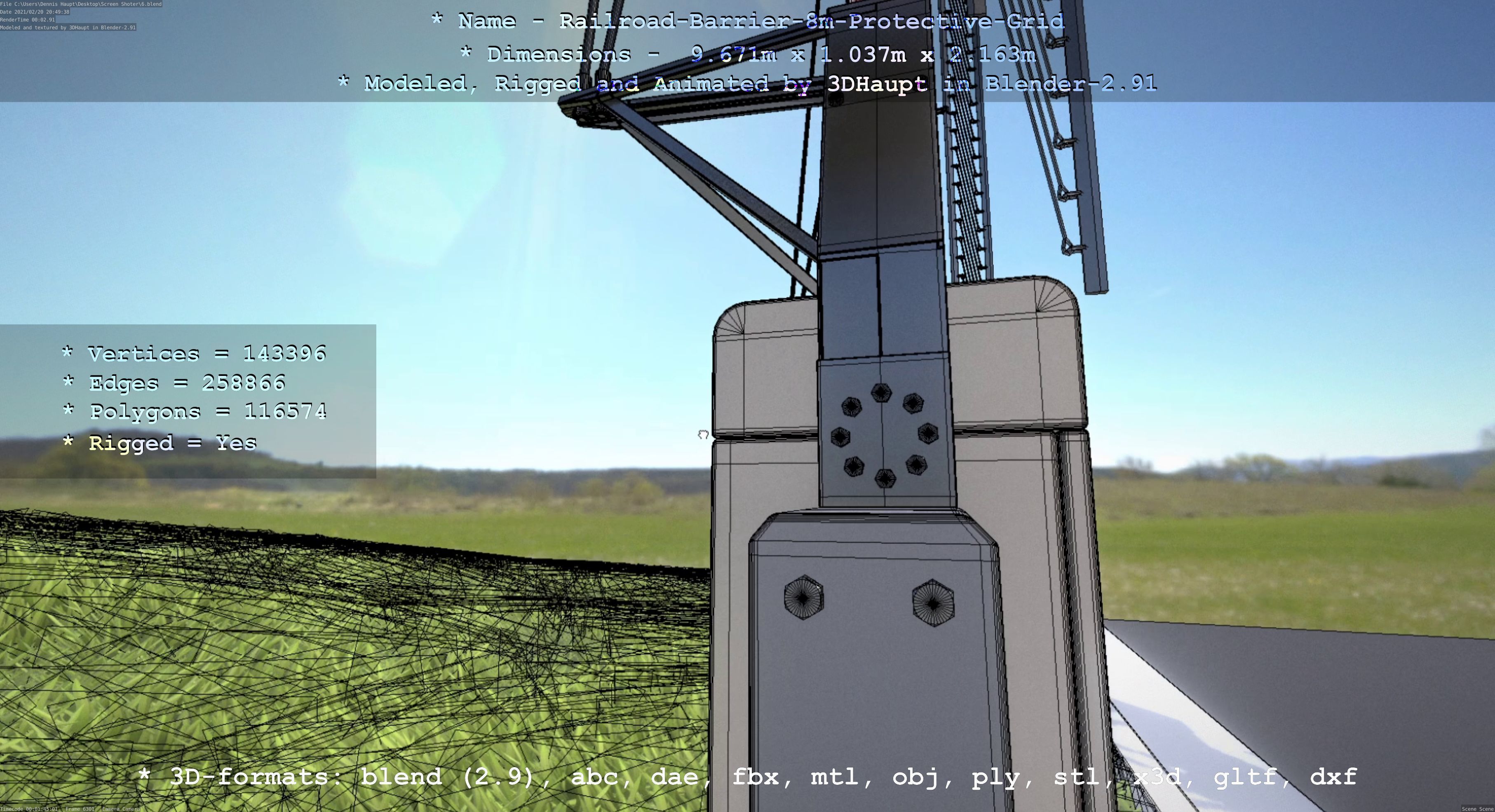 Railroad Barrier 8m with Protective Grid High and Low-Poly 3D Model Collection_31