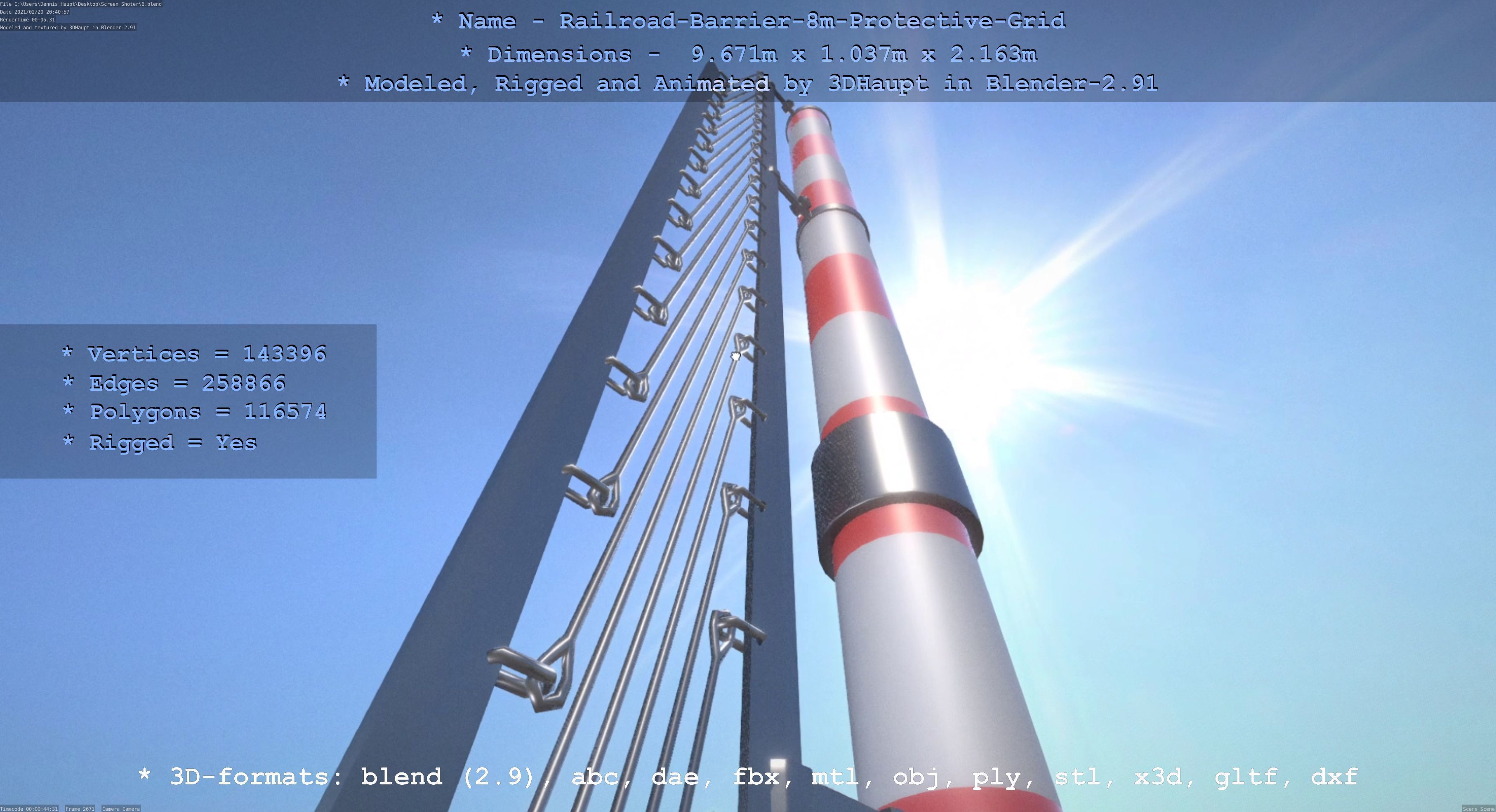 Railroad Barrier 8m with Protective Grid High and Low-Poly 3D Model Collection_24