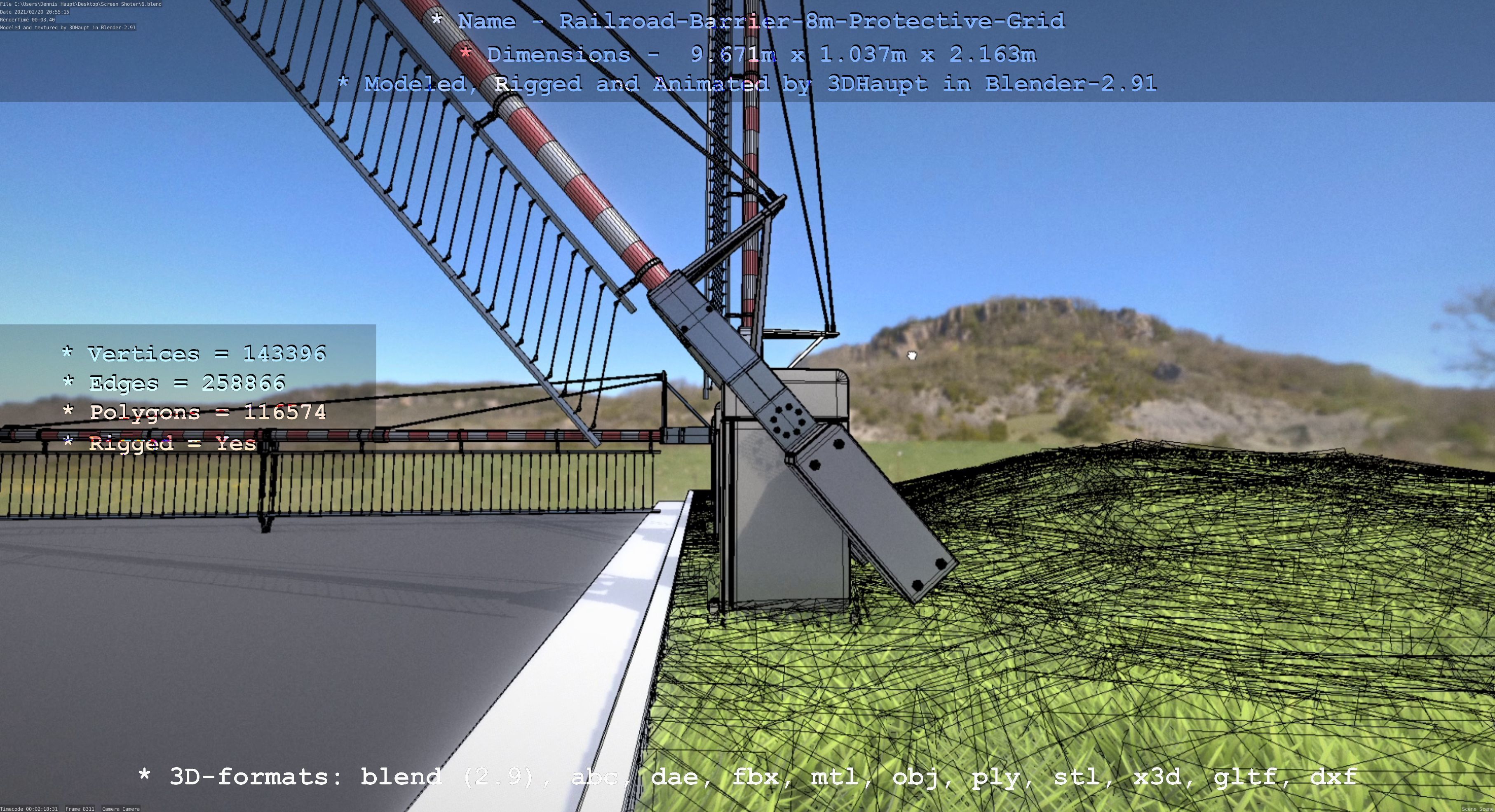 Railroad Barrier 8m with Protective Grid High and Low-Poly 3D Model Collection_15