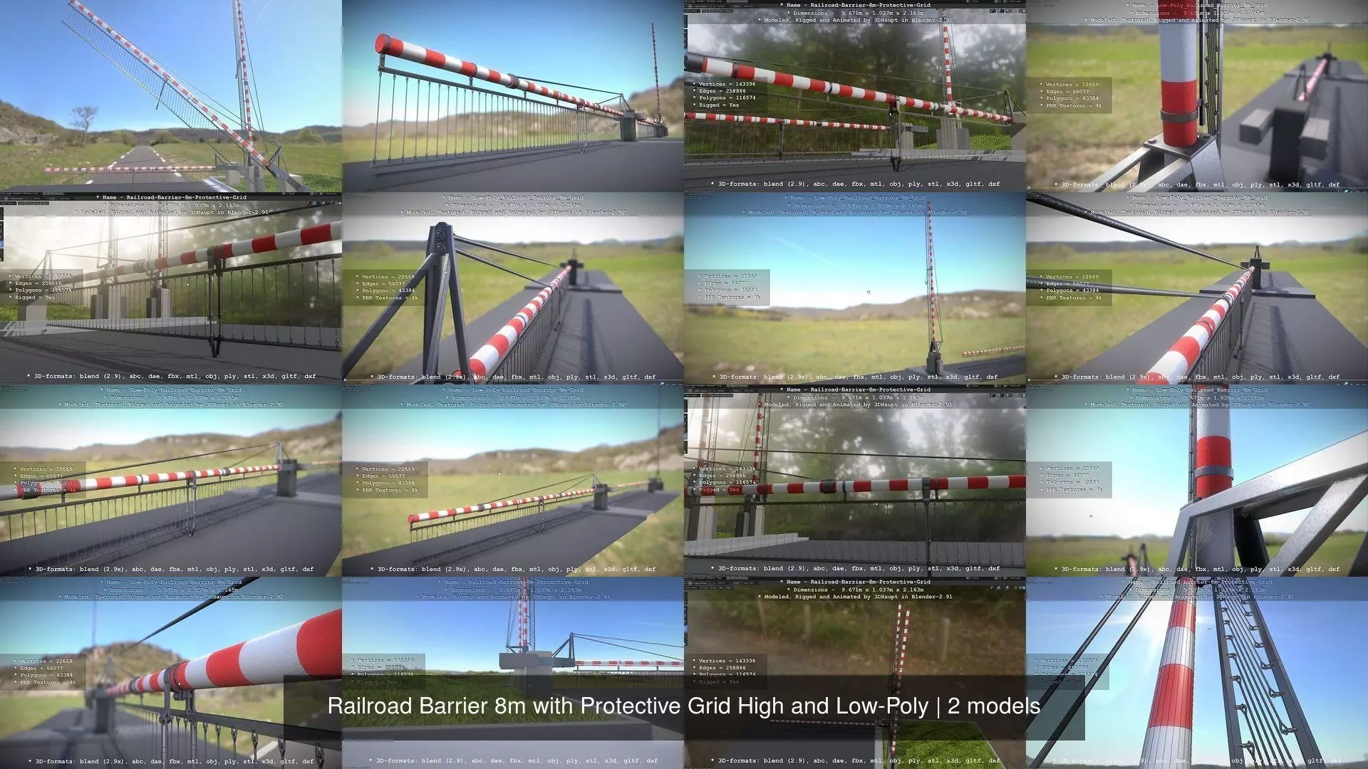 Railroad Barrier 8m with Protective Grid High and Low-Poly 3D Model Collection_0