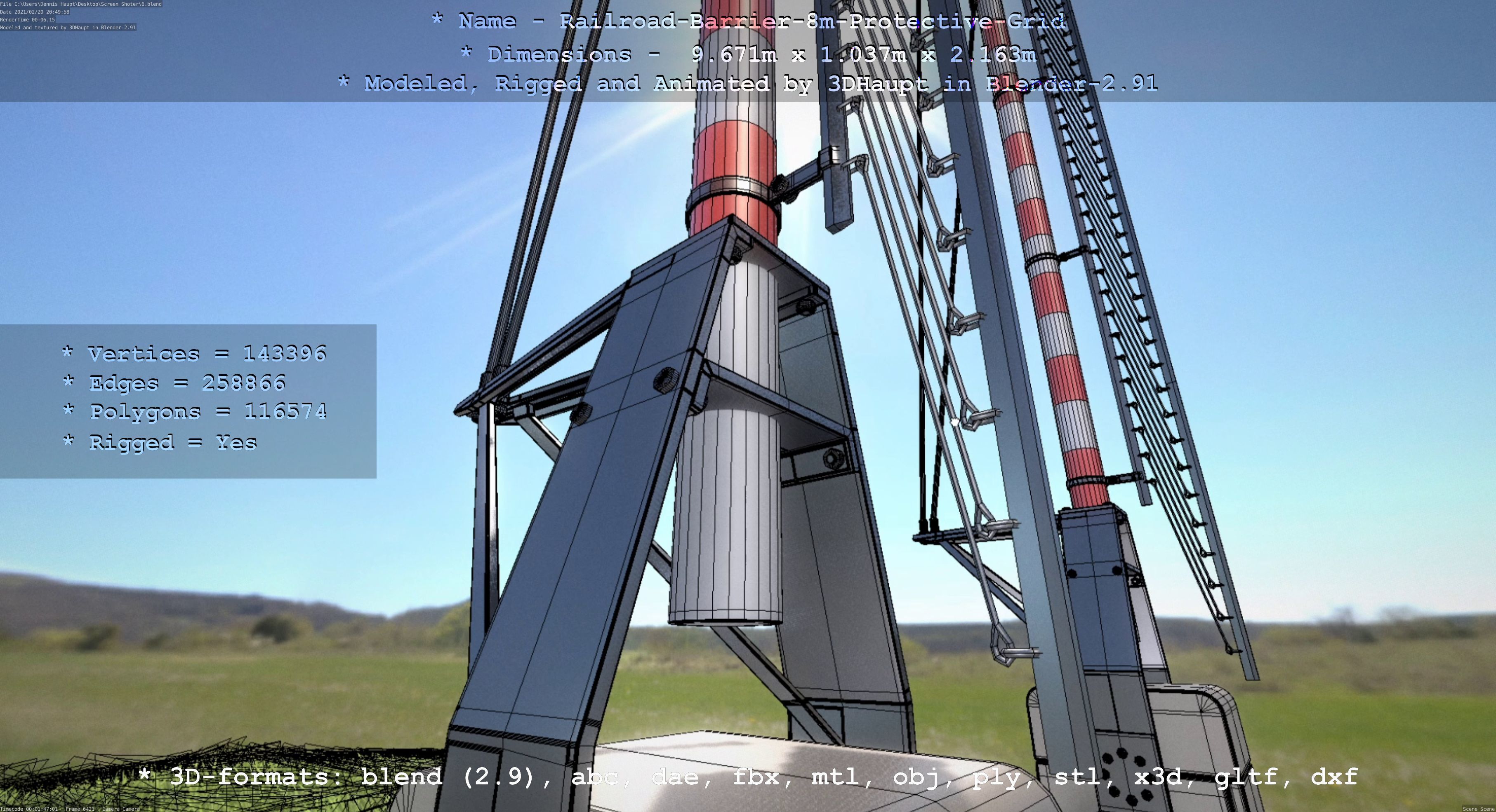 Railroad Barrier 8m with Protective Grid High and Low-Poly 3D Model Collection_18