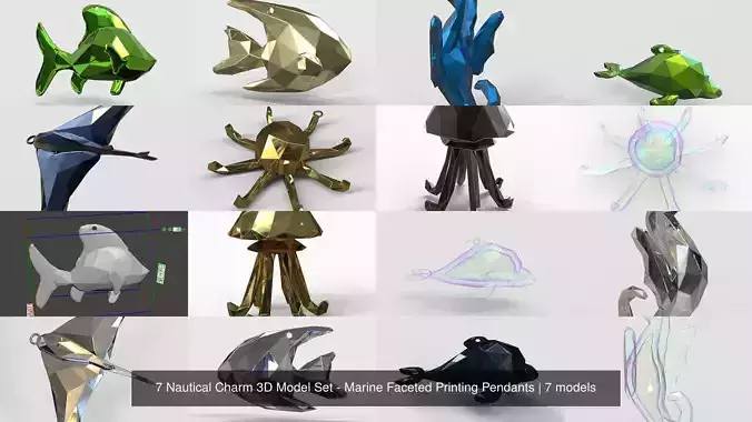 7 Nautical Charm 3D Model Set - Marine Faceted Printing Pendants