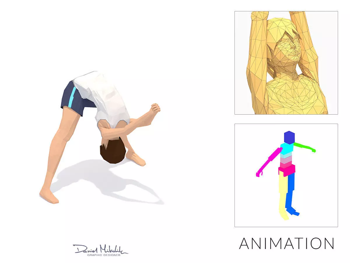 Wide Legged Forward Bend Yoga Exercise Woman Animation Low-poly 3D model_0