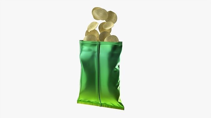 Potato chips package with folds opened mockup 3D model 3