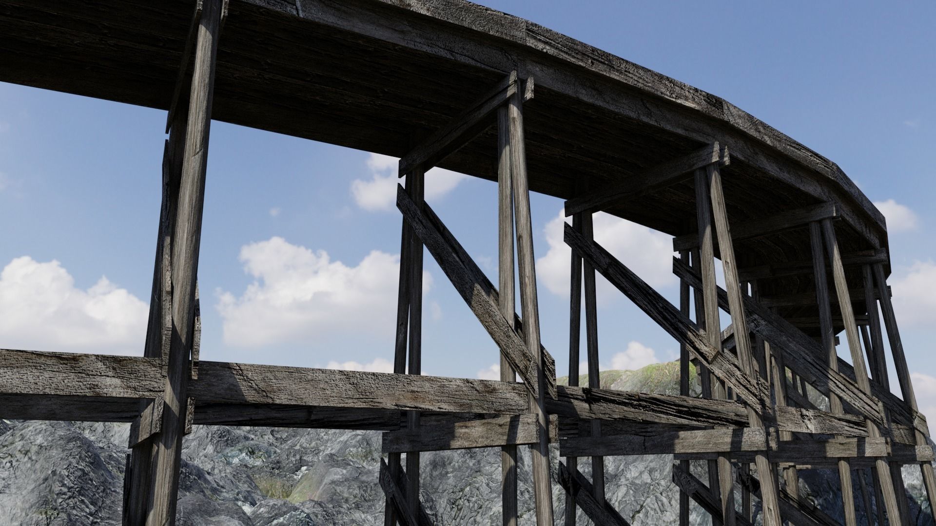 Wooden Trestle Bridge old and weathered 3D model_8