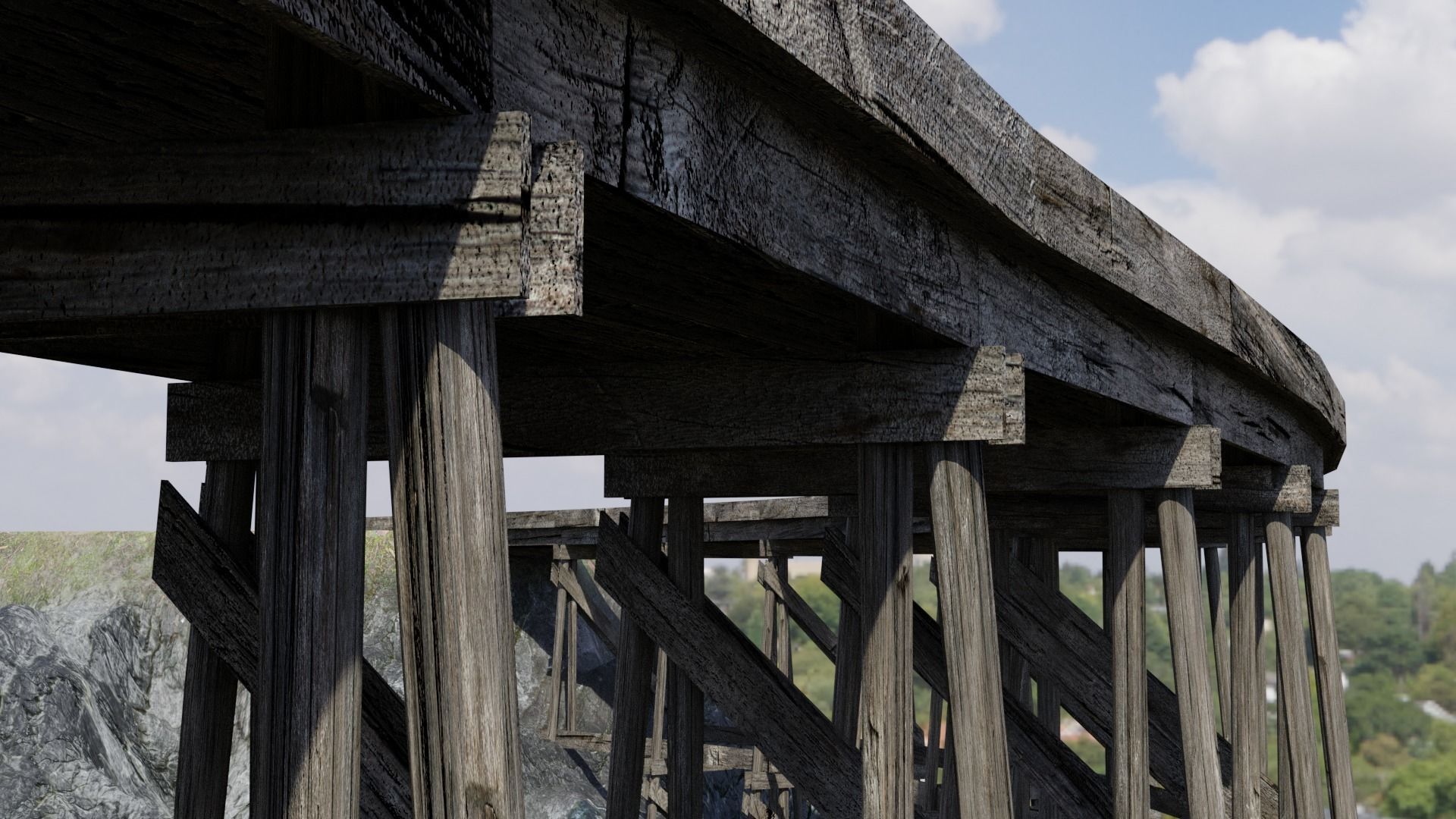 Wooden Trestle Bridge old and weathered 3D model_3