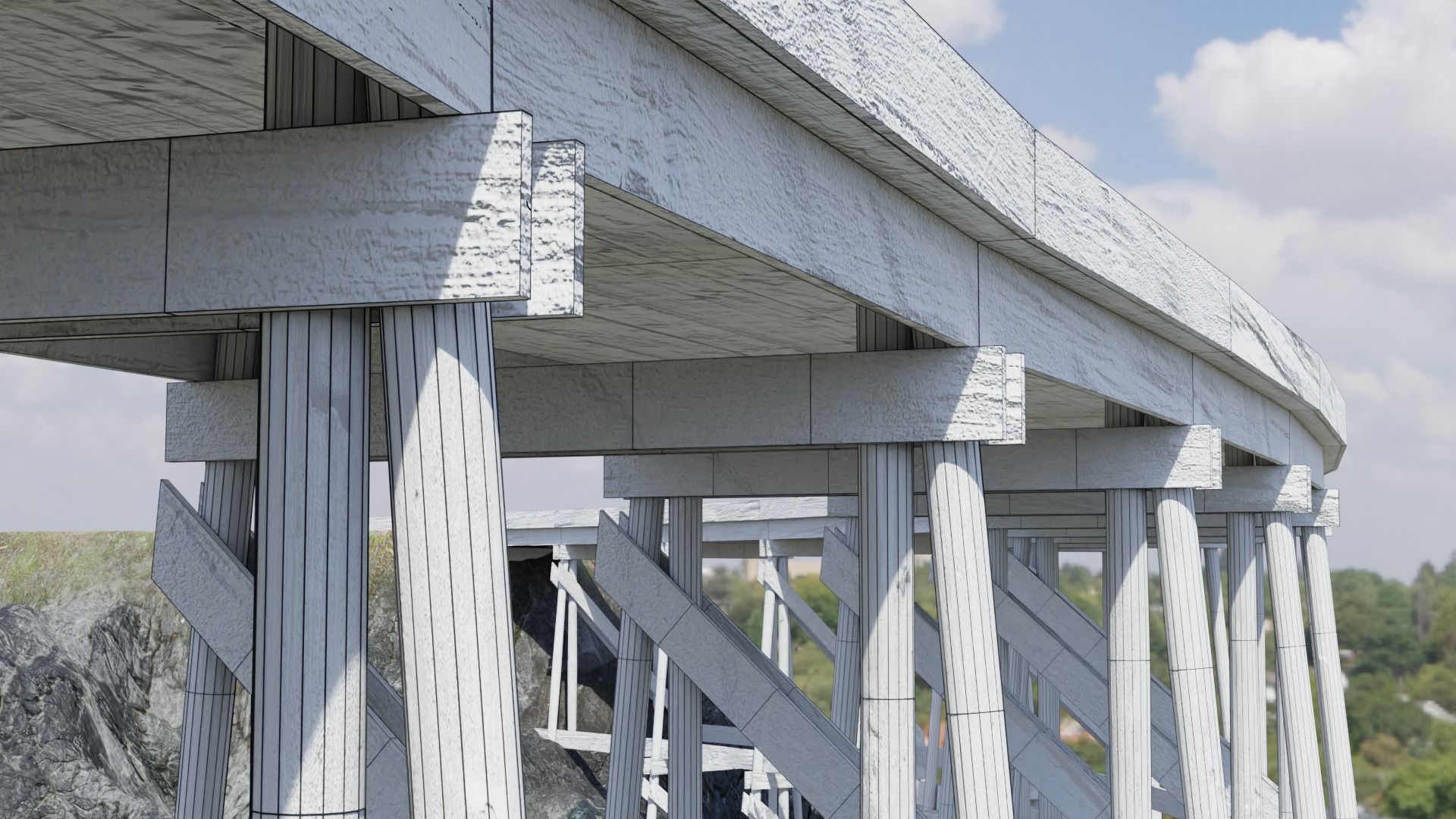 Wooden Trestle Bridge old and weathered 3D model_7