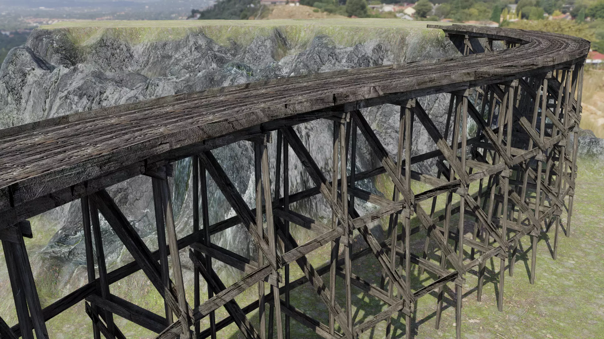 Wooden Trestle Bridge old and weathered 3D model_0