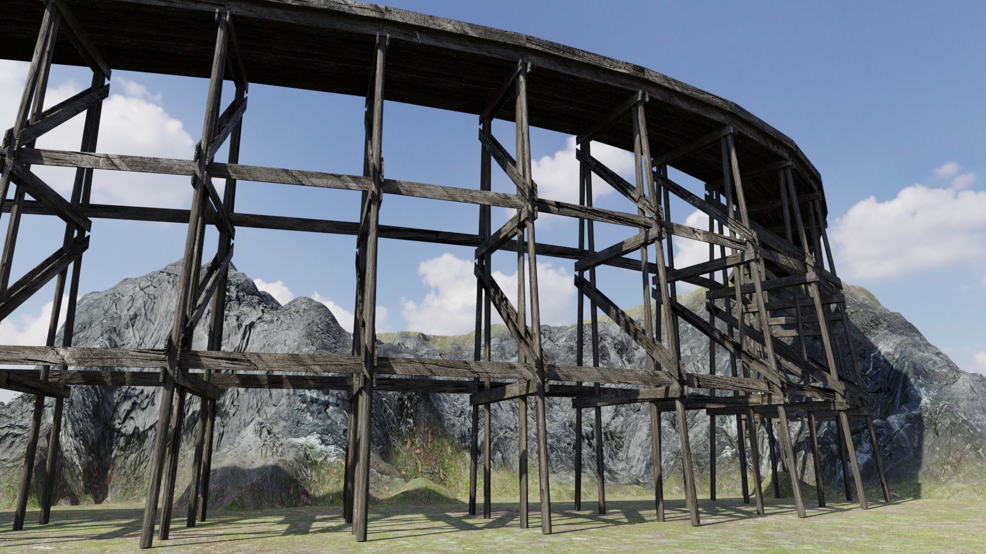 Wooden Trestle Bridge old and weathered 3D model_5