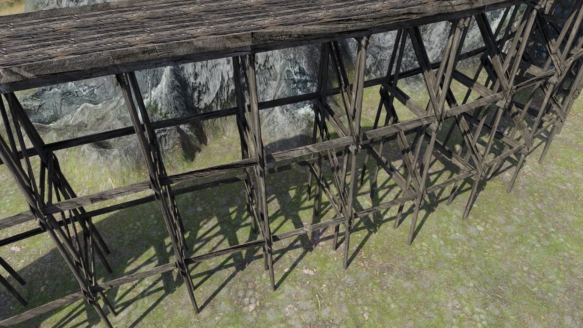 Wooden Trestle Bridge old and weathered 3D model_4