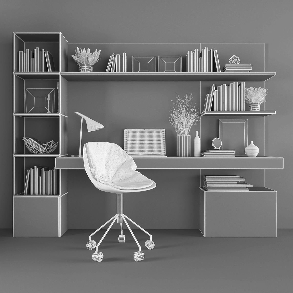 Workplace modern home office with bookshelves and chair Low-poly 3D model_2