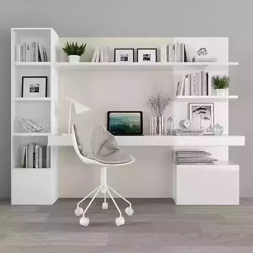 Workplace modern home office with bookshelves and chair Low-poly 3D model