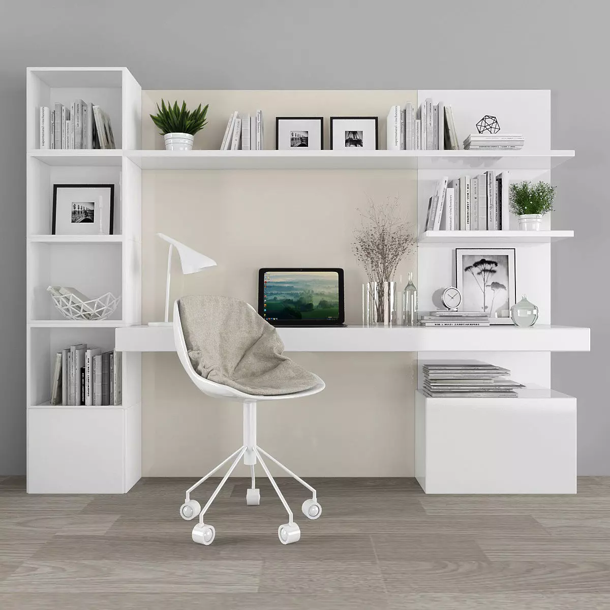 Workplace modern home office with bookshelves and chair Low-poly 3D model_0