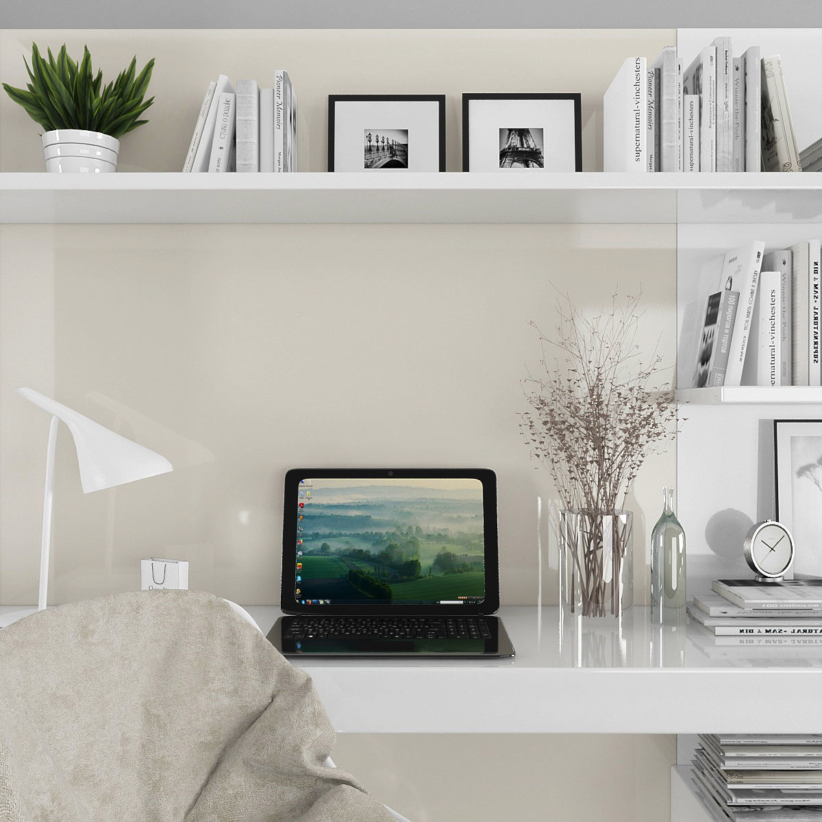 Workplace modern home office with bookshelves and chair Low-poly 3D model_1