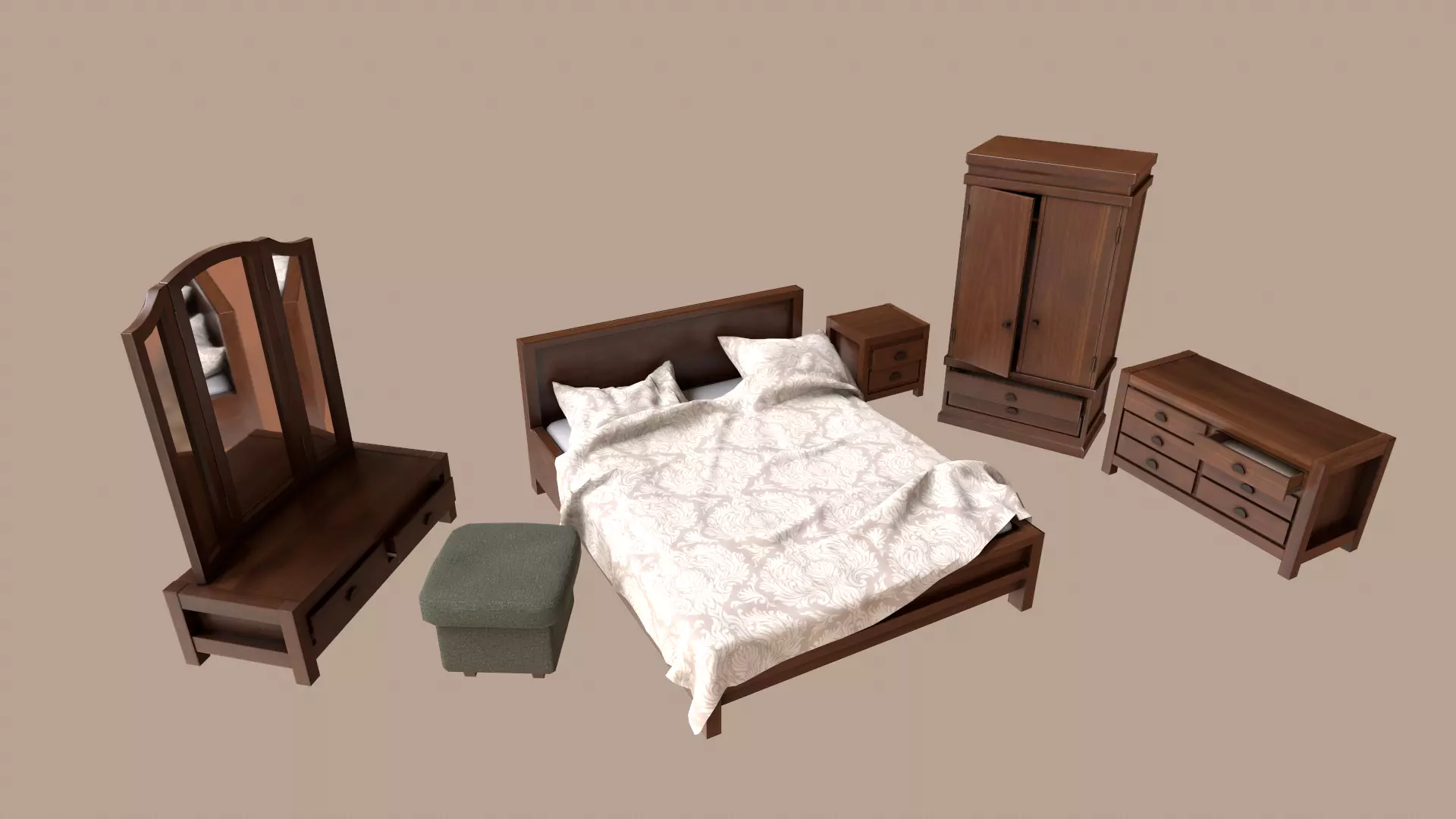 Bedroom Furniture Set Low-poly 3D model