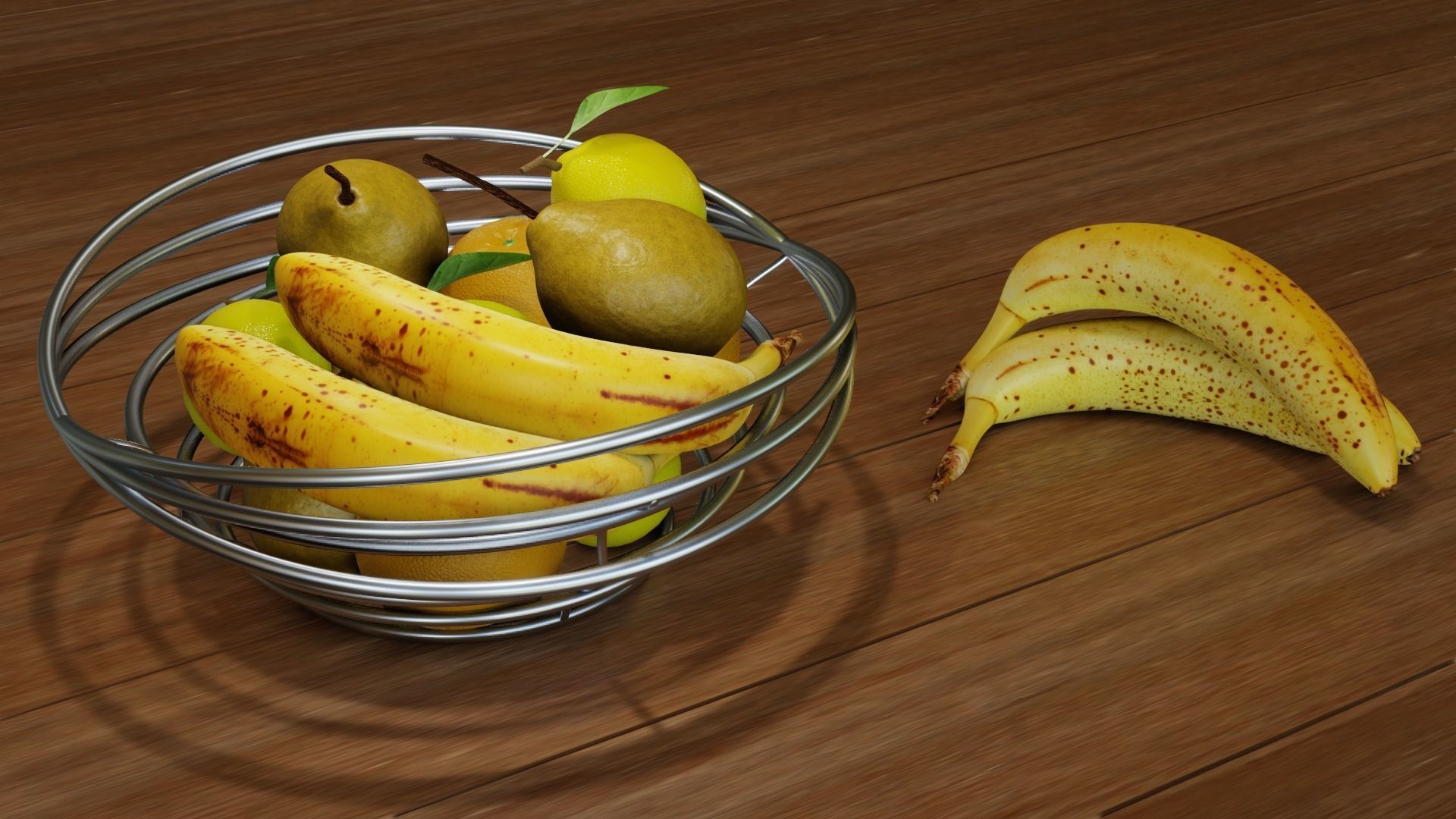Fruits fruit in metal bowl on wooden table Free 3D model_3
