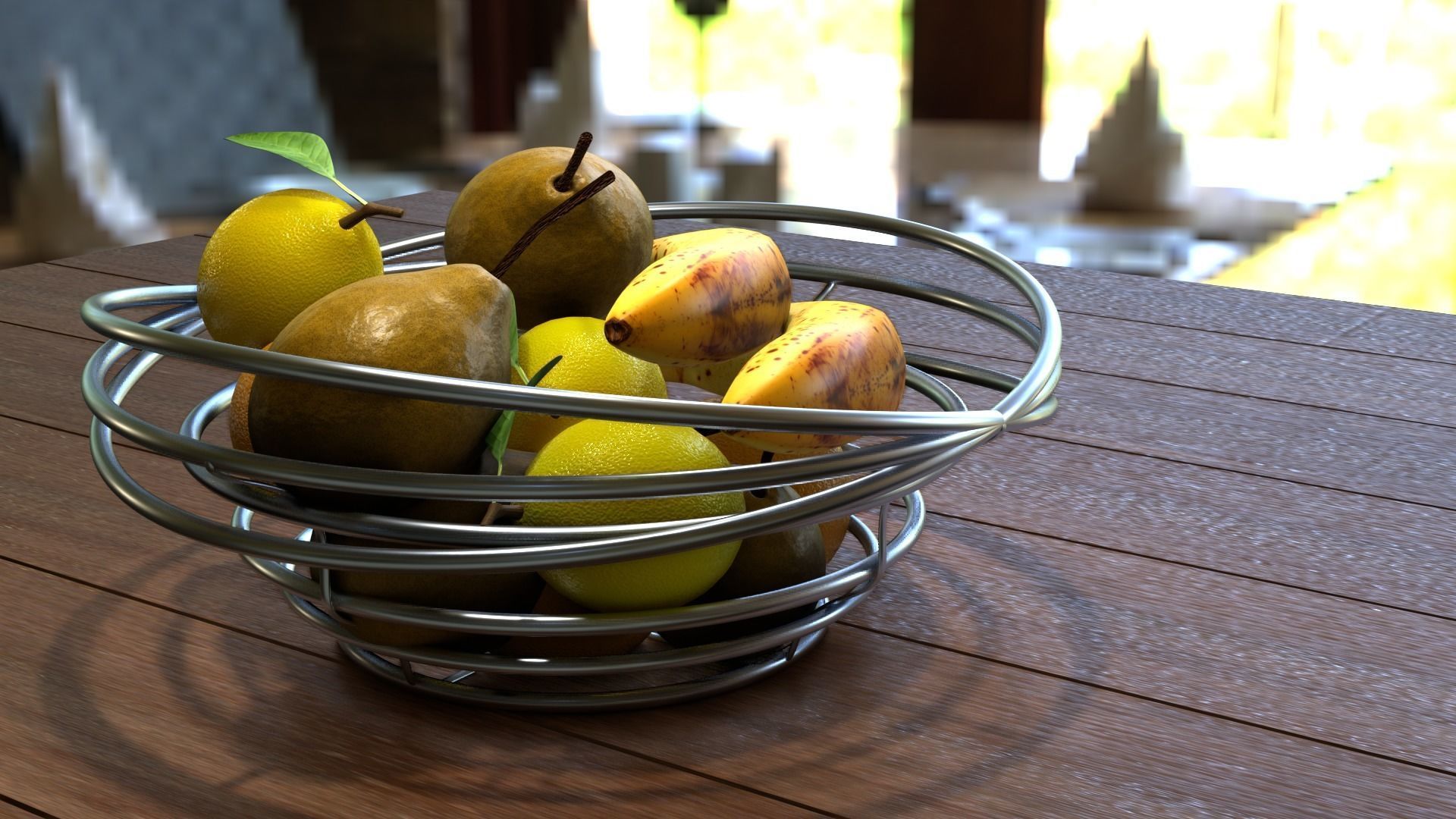 Fruits fruit in metal bowl on wooden table Free 3D model_1